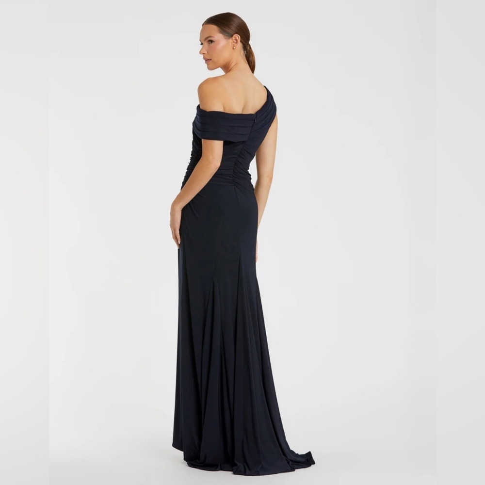 Ieena for Mac Duggal -Navy Foldover Off the Shoulder Slit Gown - Picture 3 of 14